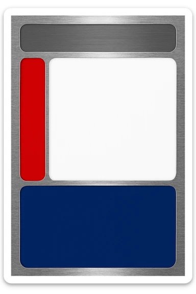 Edit the card image to render only the frame area as brushed metal texture. Remove all text and labels from the card. Keep the rest of the card layout and colors unchanged: gray title bar, red vertical bar, white main area, blue bar at the bottom. The brushed metal effect should be realistic and only applied to the frame area, preserving the original colors and layout elsewhere. sticker