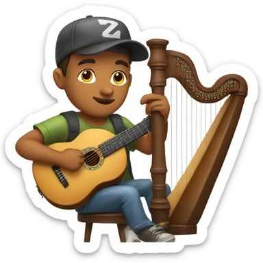 Young guy casual with ball cap playing a big harp that looks similar to a banjo  sticker