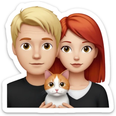 Casal com homem loiro e mulher ruiva e gato preto com branco sticker