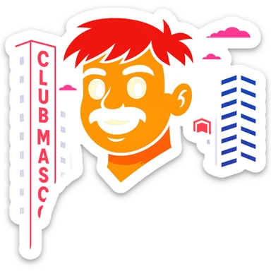 Change any visible text from 'Hotel' to 'Club Mascot', keep the vibrant toon style, neon city background, and all other details the same sticker