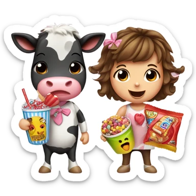 A cute girl cow and a cute boy cow. Both eating candy and snacks, surrounded by candy and snacks and drinks sticker