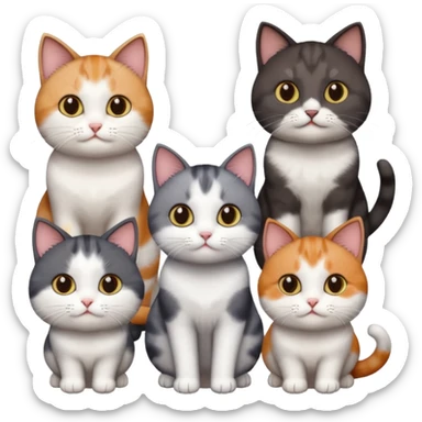 5 different coloured short haired cats including; a dark brown and white cat, and a dark grey and white, and a calico sticker