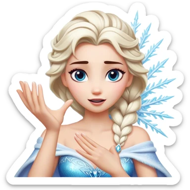 Cinematic Playful Elsa Portrait Emoji, Blowing frost from her hands in a dazzling display, eyes filled with mischief, exuding a magical charm that is both fun and enchanting! sticker