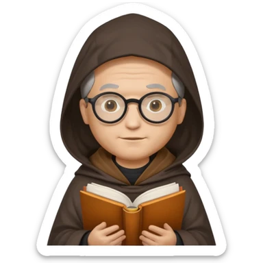 Monk priest prayer black habit with hood round black glasses done light brown wavy hair under hood remove the medallion smaller more round glassed age 46 no necklace more oval face hand holding book that says RB 480 top left is great add a little hair brown gray under hood  sticker