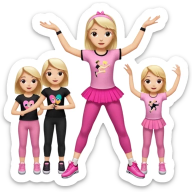 Hiphop dancer, with cute big pants, sneakers, and t-shirt. White girl blond. Coloufull shirt. No pocket pants. Dancing. Pink and black plain outfit. No sweatbands on the wrist, black music box behind her. Ballerina pose. with dancing kids behind her. With a music box sticker