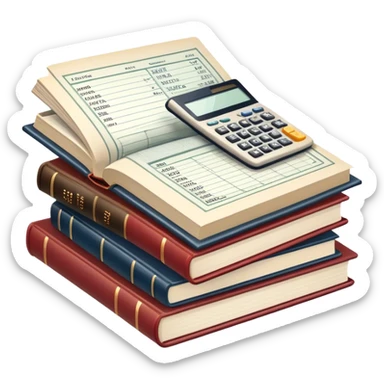 Icon for Business Reading: an open book with graphs, numbers, percentages, formulas, and text on the pages, next to a stack of books, a pile of dollars, a calculator and business magazines like Forbes. Transparent background. sticker