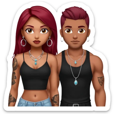 a pretty bratz fair indian girl with dark red straight hair, black cami top, silver dainty necklaces, rings, hoops, tattoos standing with two handsome lean but muscled guys sticker