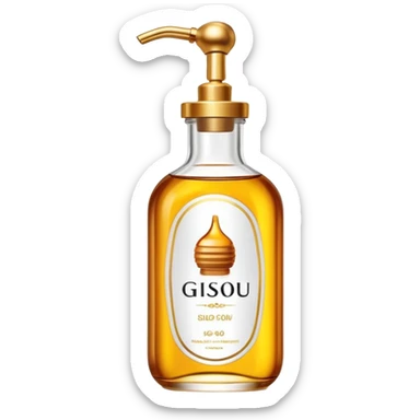 Gisou hair oil bottle, elegant glass bottle with gold cap, honey-infused hair oil, beauty product sticker