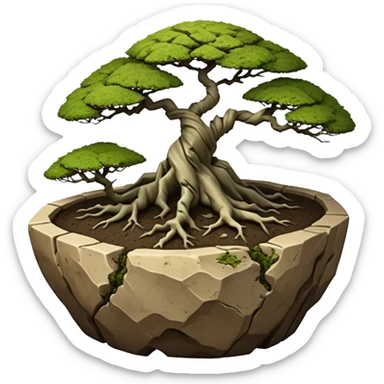Roots Stoneware akadama moss on soil irregular angular Stone Age rocks cracked and broken forming a very shallow bonsai pot sans(without) tree  sticker