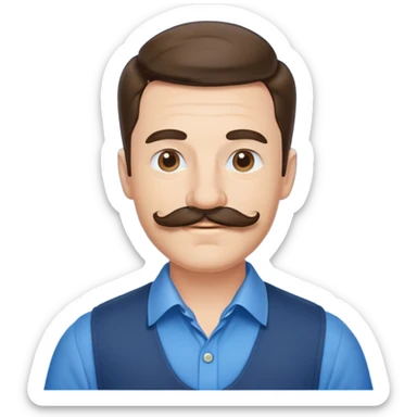Business owner, well dressed, blue shirt, mustache, happy sticker