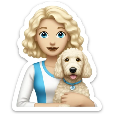 White lady with blonde hair and blue eyes and her white golden doodle dog sticker