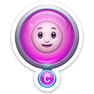 Friendly round AI mascot with a neon C badge, floating hologram in hands, purple-magenta glow. sticker