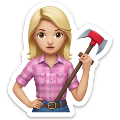 lumberjack blonde woman holding axe pink checked shirt sticker