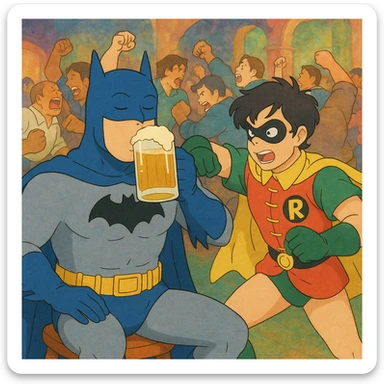 Batman and Robin in a brawl, Batman sipping beer, ghibli style sticker