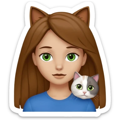 Crea un emoji donde salga un chico de pelo moreno con los ojos claros, una chica de pelo morena con los ojos marrones y UN gato europeo comun de pelaje oscuro y ojos verde claro, quiero que se esten abrazando el chico y la chica, y el gato este en el medio de los dos sticker