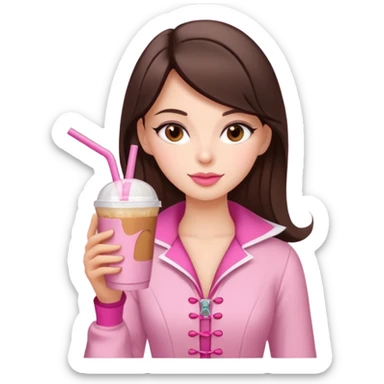white brunette with brown eyes and a pink coquette outfit, drinking a caramel machiatto sticker