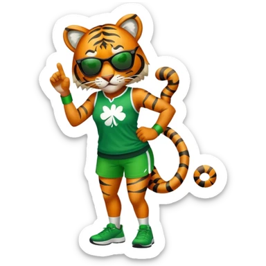 female energetic anthropomorphised tiger in full body, wearing St. Patrick's Day themed sportswear and dark sunglasses sticker
