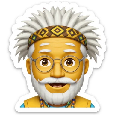 50 year old man, spiky hair, winking one eye, smiling brightly, black skin, raised eyebrows, wearing glasses, white hair and beard, wearing a yellow hat like a tribal chief, emoji style, style 2 sticker