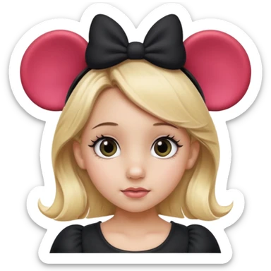 Little girl Hazel  eyes blonde hair Black Minnie mouse ears sticker