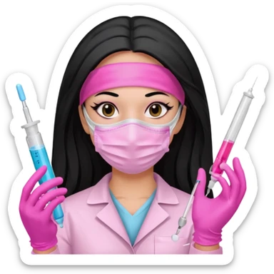 laboratorista con guantes rosa y mascarilla rosa  jeringa tubo laboratorio sin lentes  y  ojos negro cabello largo negro sticker