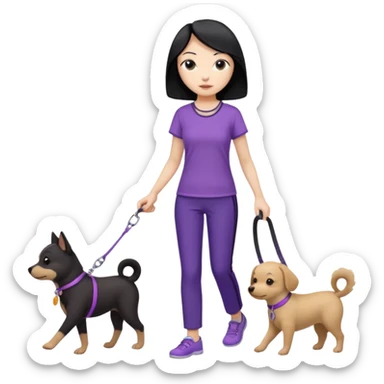 black hair Chinese woman wearing purple top and black pants walking 1 small light brown dog sticker
