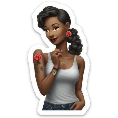 Hyper Realistic beautiful woman model with a small rose tattoo talking on a phone  sticker