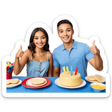 party table decorated with red blue and yellow colors, including a backdrops, balloons arch, streamers and more. On the table are intricate displays of colombian arepas, and baskets of money. In the forefront is a woman and man in simple clothing, big smiles and big thumbs up sticker