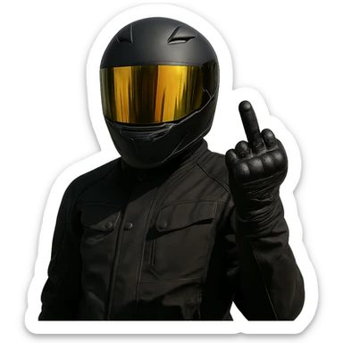 A motorcyclist in a black helmet with a golden visor flipping the bird sticker