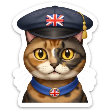 mostly black tortie cat, gold eyes, british hat sticker
