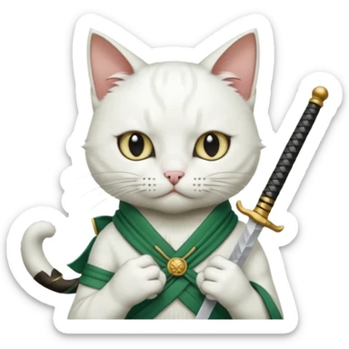 un gato blanco con reeferencia a rororoa zoro "una espada en cada mano y una en la boca" sticker