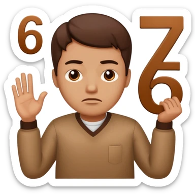 man frowning holding up numbers 6 and 7 sticker