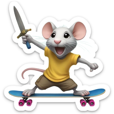 Rat riding a skateboard with a sword in hand and a fish flopping around on the ground sticker
