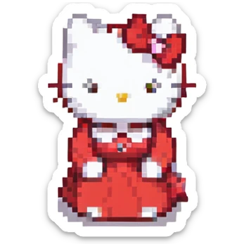 Hello Kitty sitting pose red dress classic look minimal details pixel art with a small yellow nose accent sticker
