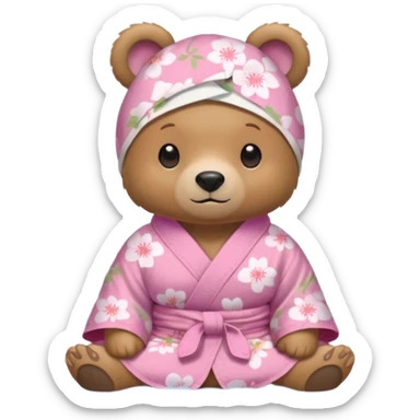 A cute light-brown bear wearing a pastel pink sakura-patterned yukata loosely, normal balanced body ratio.  
Relaxing in a warm hot spring with steam around, a small towel on the head, peaceful happy expression.  simple scenic background with rocks. sticker