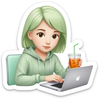 Girl sitting at laptop with iced fruit tea, light sage green tracksuit outfit, working from home sticker