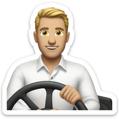  man with white button-down shirt behind a steering wheel sticker