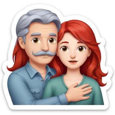 Long red hair girl and gray hair boy with mustache hugging sticker