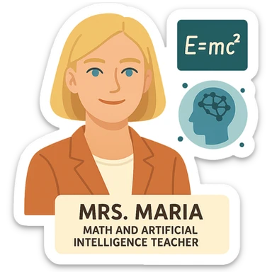 flat design style Mrs. Maria, math and artificial intelligence teacher, no glasses, thin nose, blonde eyebrows, blonde bob hair, blue eyes sticker