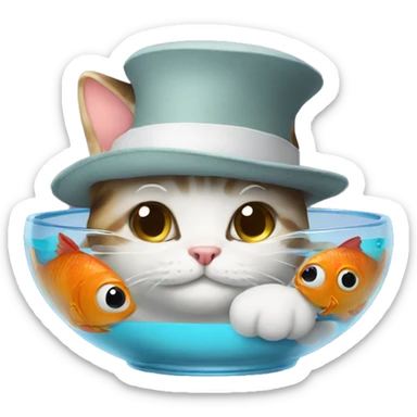 stupid cat with hat and fish in a bowl sticker