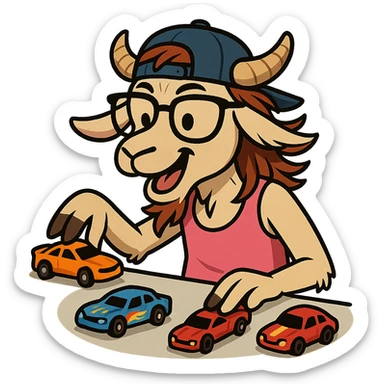 goat for Telegram stickers inspired by reference https://attic.sh/feoducyurkpqwz0la088soao98sx: wearing a cap, glasses, mullet hairstyle, pink drunkard tank top, playing with hot wheels cars sticker