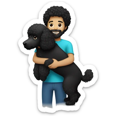 Black-haired and white guy with beard hugs black poodle dog  sticker
