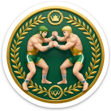 An icon symbolizing wrestling combat sports in the style of an emblem. The design features two wrestlers locked in a powerful grapple, one attempting to take the other down. Surrounding the scene are stylized elements like a championship belt, wrestling mat, and a laurel wreath. sticker