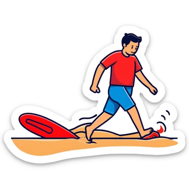 person hopping on hot beach sand with red pain marks on foot and steam rising from the sand sticker