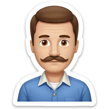 man with mustache, brown hair, 50 years old, shirt, high temple sticker