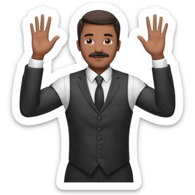 

“A confident man with medium-dark skin tone wearing a suit, tie, and vest, holding both hands up with fingers spread, making a ‘calm down’ or ‘I’m just saying’ gesture. His eyes are closed, and he has a mustache, giving a vibe of laid-back confidence or mock innocence. sticker