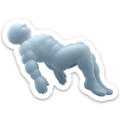 side view of unconscious person flying torso up, legs and arms down, made of small very bright white fluffy convex clouds, matte glass style sticker