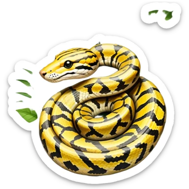 Tiger python coiled up on the ground, blending with the dense jungle foliage. Its distinct orange and black stripes stand out against the vibrant green of leaves and plants. Sunlight filters through the trees, highlighting the snake's patterned scales. Transparent background. sticker