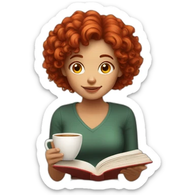 girl with red curly hair to the shoulders reading a book and drinking coffee sticker