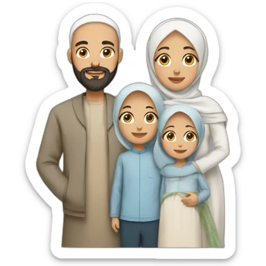 Muslim family with bearded and bald father , mother wearing hijab, two sons and one new born daughter sticker