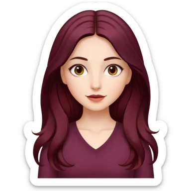 young white woman 
brown almond eyes
Long waist-long hair, center parted
slightly wavy
dark burgundy hair sticker